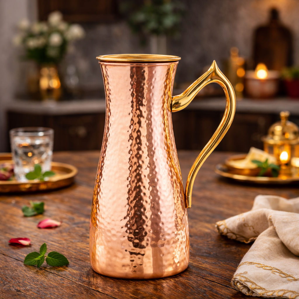 Copper jug with hammered curve design, brass handle & lid –, 1400 ML